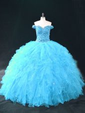 Noble Aqua Blue Ball Gowns Off The Shoulder Sleeveless Tulle Floor Length Lace Up Beading and Ruffles Vestidos de Quinceanera