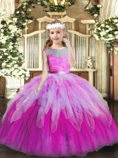 Best Multi-color Tulle Lace Up Little Girl Pageant Gowns Sleeveless Floor Length Lace and Ruffles