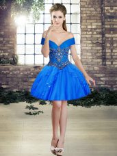 Off The Shoulder Sleeveless Prom Evening Gown Mini Length Beading and Ruffles Blue Tulle