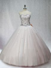 White Ball Gowns Tulle Sweetheart Sleeveless Beading Floor Length Lace Up 15th Birthday Dress