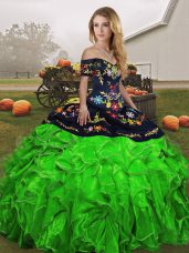 Elegant Green Ball Gowns Embroidery and Ruffles 15th Birthday Dress Lace Up Organza Sleeveless Floor Length