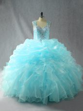 Best Aqua Blue Ball Gowns Tulle Straps Sleeveless Beading and Ruffles Zipper Ball Gown Prom Dress