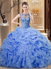 Scoop Sleeveless Lace Up 15 Quinceanera Dress Blue Organza