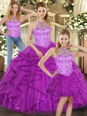 Unique Purple Sleeveless Beading and Ruffles Quinceanera Dress
