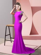 Glorious Short Sleeves Elastic Woven Satin Brush Train Backless Prom Dresses in Fuchsia with Beading