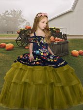 Amazing Sleeveless Lace Up Floor Length Embroidery and Ruffled Layers Kids Pageant Dress