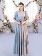 Wonderful Grey Empire V-neck Short Sleeves Chiffon Floor Length Lace Up Belt Wedding Guest Dresses