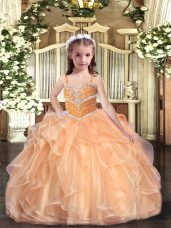 Modern Sleeveless Floor Length Beading and Ruffles Lace Up Pageant Gowns For Girls with Peach