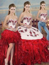 Pretty White And Red Ball Gowns Sweetheart Sleeveless Organza Floor Length Lace Up Embroidery and Ruffles and Bowknot Sweet 16 Dresses