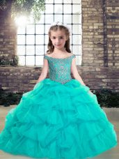 Fashion Sleeveless Organza Floor Length Lace Up Kids Formal Wear in Aqua Blue with Beading and Ruffles