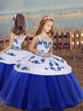 Unique Floor Length Royal Blue Kids Pageant Dress Organza Sleeveless Embroidery