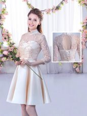 Designer Satin High-neck Half Sleeves Lace Up Lace and Belt Wedding Party Dress in Champagne