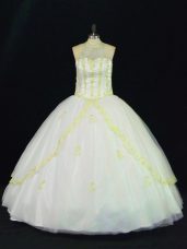 Yellow And White Halter Top Lace Up Appliques 15th Birthday Dress Sleeveless