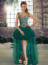 Affordable Dark Green Sleeveless Beading and Ruffles High Low Cocktail Dress