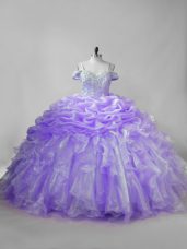 Sweet Lavender Sweet 16 Dresses Sweet 16 and Quinceanera with Beading and Ruffles and Pick Ups Straps Sleeveless Brush Train Lace Up
