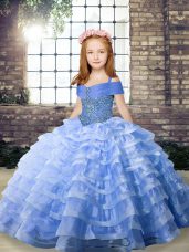 Blue Ball Gowns Straps Sleeveless Organza Brush Train Lace Up Beading and Ruffled Layers Pageant Dress for Teens