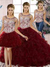 Most Popular Sleeveless Organza Floor Length Lace Up Quinceanera Dresses in Burgundy with Beading and Ruffles