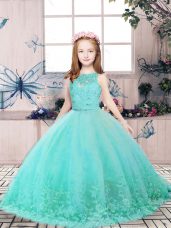 High End Aqua Blue Ball Gowns Scoop Sleeveless Tulle Floor Length Backless Lace and Appliques Little Girls Pageant Gowns