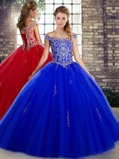 Royal Blue Sleeveless Floor Length Beading Lace Up Quinceanera Dresses