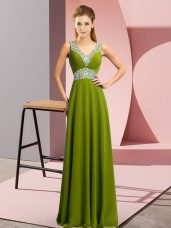 Olive Green Chiffon Lace Up V-neck Sleeveless Floor Length Prom Dresses Beading