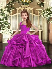 Excellent Sleeveless Floor Length Ruffles Lace Up Pageant Gowns For Girls with Fuchsia