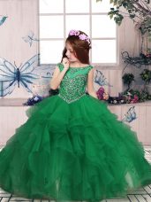 Green Organza Zipper Scoop Sleeveless Floor Length Little Girl Pageant Dress Beading and Ruffles