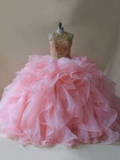 Baby Pink Organza Backless Scoop Sleeveless 15th Birthday Dress Brush Train Beading and Ruffles