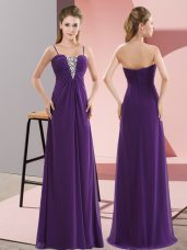 Sumptuous Purple Spaghetti Straps Neckline Beading Prom Evening Gown Sleeveless Zipper