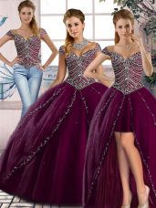Custom Design Purple Ball Gowns Tulle Sweetheart Cap Sleeves Beading Lace Up 15 Quinceanera Dress Brush Train