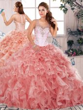Watermelon Red Ball Gowns Organza Scoop Sleeveless Beading and Ruffles Floor Length Clasp Handle Quince Ball Gowns