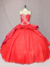 Red Tulle Lace Up Quinceanera Gowns Sleeveless Floor Length Court Train Embroidery