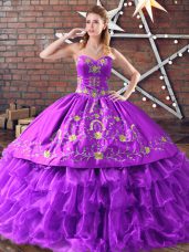 Fashion Sweetheart Sleeveless Quince Ball Gowns Floor Length Embroidery and Ruffled Layers Purple Satin and Organza