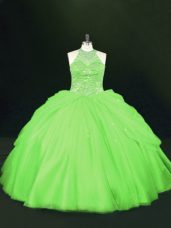 Noble Tulle Lace Up Halter Top Sleeveless Floor Length Vestidos de Quinceanera Beading