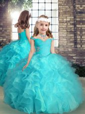 Aqua Blue Kids Pageant Dress Party and Wedding Party with Beading and Ruffles Straps Sleeveless Lace Up