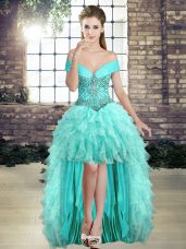 Sweet Aqua Blue Organza Lace Up Off The Shoulder Sleeveless High Low Dress Like A Star Beading and Ruffles