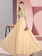 Cute Peach Empire Beading and Appliques Wedding Guest Dresses Backless Chiffon Sleeveless Floor Length