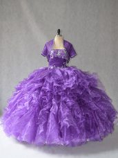 Custom Design Purple Sleeveless Beading and Ruffles Floor Length Quinceanera Dress