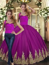 Tulle Halter Top Sleeveless Lace Up Embroidery Sweet 16 Dresses in Fuchsia