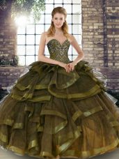 Floor Length Olive Green Quinceanera Dress Tulle Sleeveless Beading and Ruffles