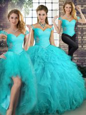 Ideal Sleeveless Tulle Floor Length Lace Up Sweet 16 Dress in Aqua Blue with Beading and Ruffles