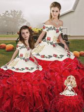 Adorable White And Red Sleeveless Embroidery and Ruffles Floor Length Ball Gown Prom Dress