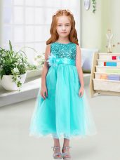 Wonderful Tea Length Zipper Flower Girl Dresses Aqua Blue for Wedding Party with Sequins and Hand Made Flower