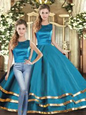 Chic Teal Lace Up Scoop Ruffled Layers Quince Ball Gowns Tulle Sleeveless