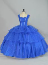 High End Blue Sleeveless Beading and Ruffled Layers Floor Length Sweet 16 Dresses