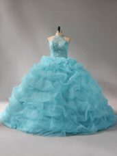 Classical Aqua Blue Ball Gowns Organza Halter Top Sleeveless Beading and Pick Ups Lace Up Quinceanera Gowns Court Train