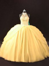 High Quality Ball Gowns Quinceanera Dresses Gold Halter Top Tulle Sleeveless Floor Length Lace Up