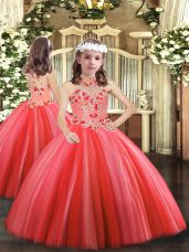 Coral Red Ball Gowns Halter Top Sleeveless Tulle Floor Length Lace Up Appliques Pageant Gowns For Girls