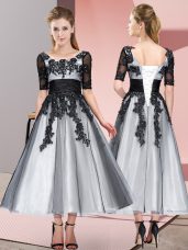 Grey Tulle Lace Up Scoop Short Sleeves Tea Length Quinceanera Court Dresses Beading and Lace