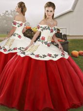 Stylish White And Red Off The Shoulder Lace Up Embroidery 15 Quinceanera Dress Sleeveless