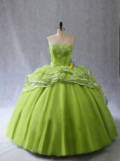 Yellow Green Organza and Tulle Lace Up Sweetheart Sleeveless 15 Quinceanera Dress Brush Train Appliques and Ruffles